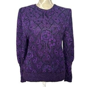 Vintage D’Allaird’s Purple Black Knit Floral Print Sweater Estimated Med Fit